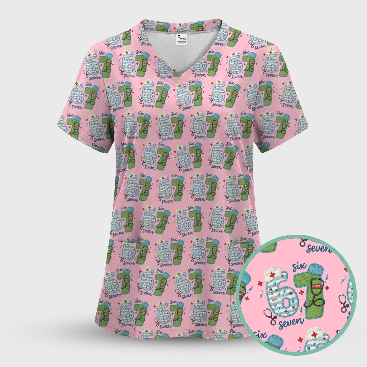 Nurse Six Seven Pattern Scrub Top, Cute Medical Number Print Shirt for Nursing Professionals