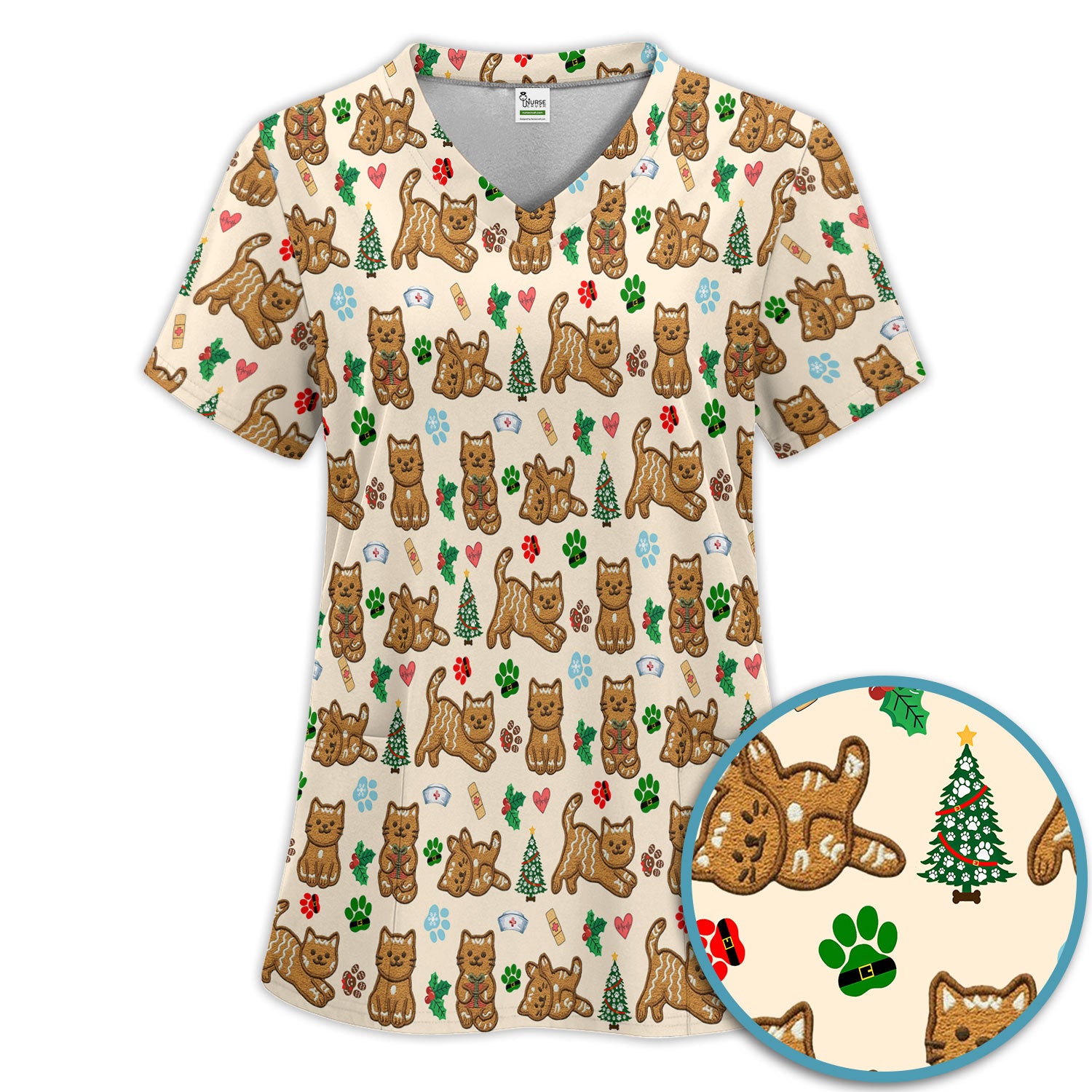 Gingerbread Cat Christmas Scrub Set, Cute Holiday Kitty Medical Uniform Shirt For Nursing, Festive Nurse Pattern