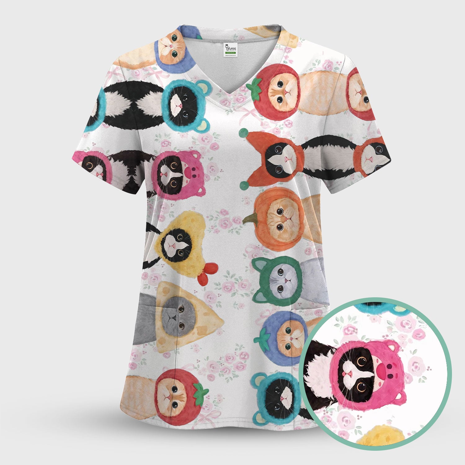 Funny Cartoon Cat Print Scrub Top, Nurse Healthcare Workwear