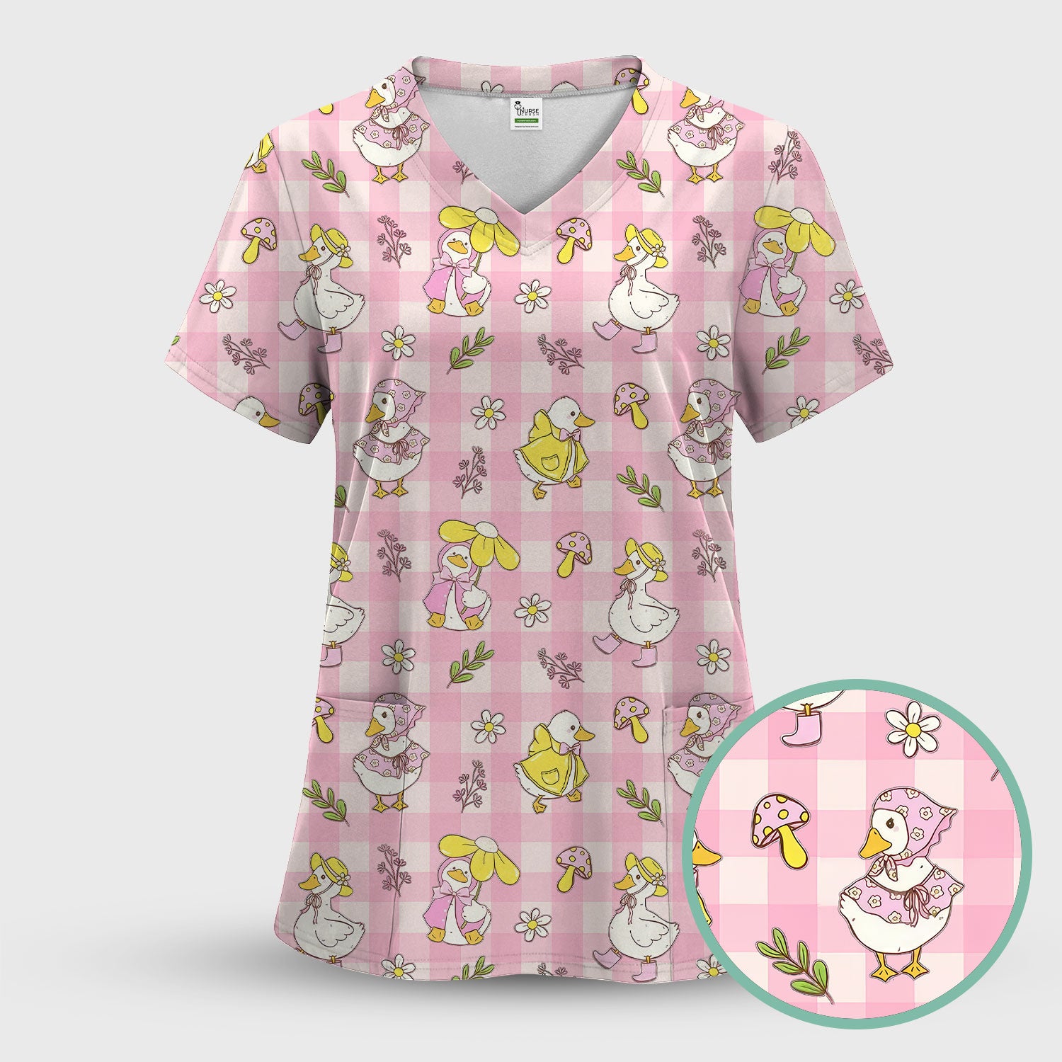 Cute Duck Outfit Gingham Pattern Scrub Top, Comfortable Scrubs for Nurses
