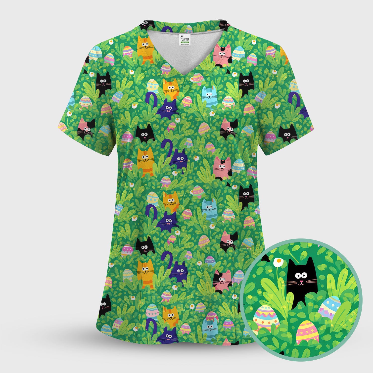 Colorful Easter Cats Green Leaves Print Scrub Sets, Scrub Pants and V Neck Top
