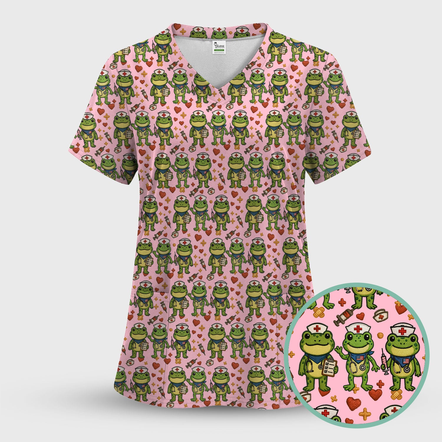Frog Pattern Scrub Top, Cute Frog Scrub Shirt, Breathable Fabrics Nursing Uniform