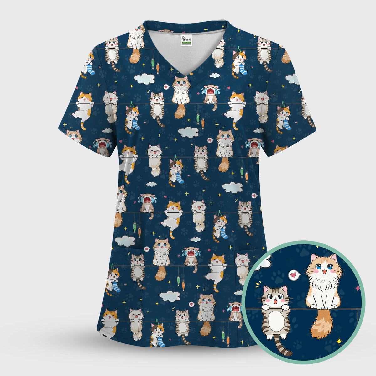 Funny Cats With Cute Expressions Pattern Scrubs Sets, Scrub Pants and V Neck Top