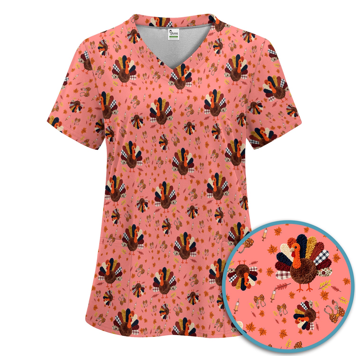 Thanksgiving Women's Scrub Sets - Funny Autumn Turkey Pants and V Neck Top - Breathable Fabrics Nursing Uniform