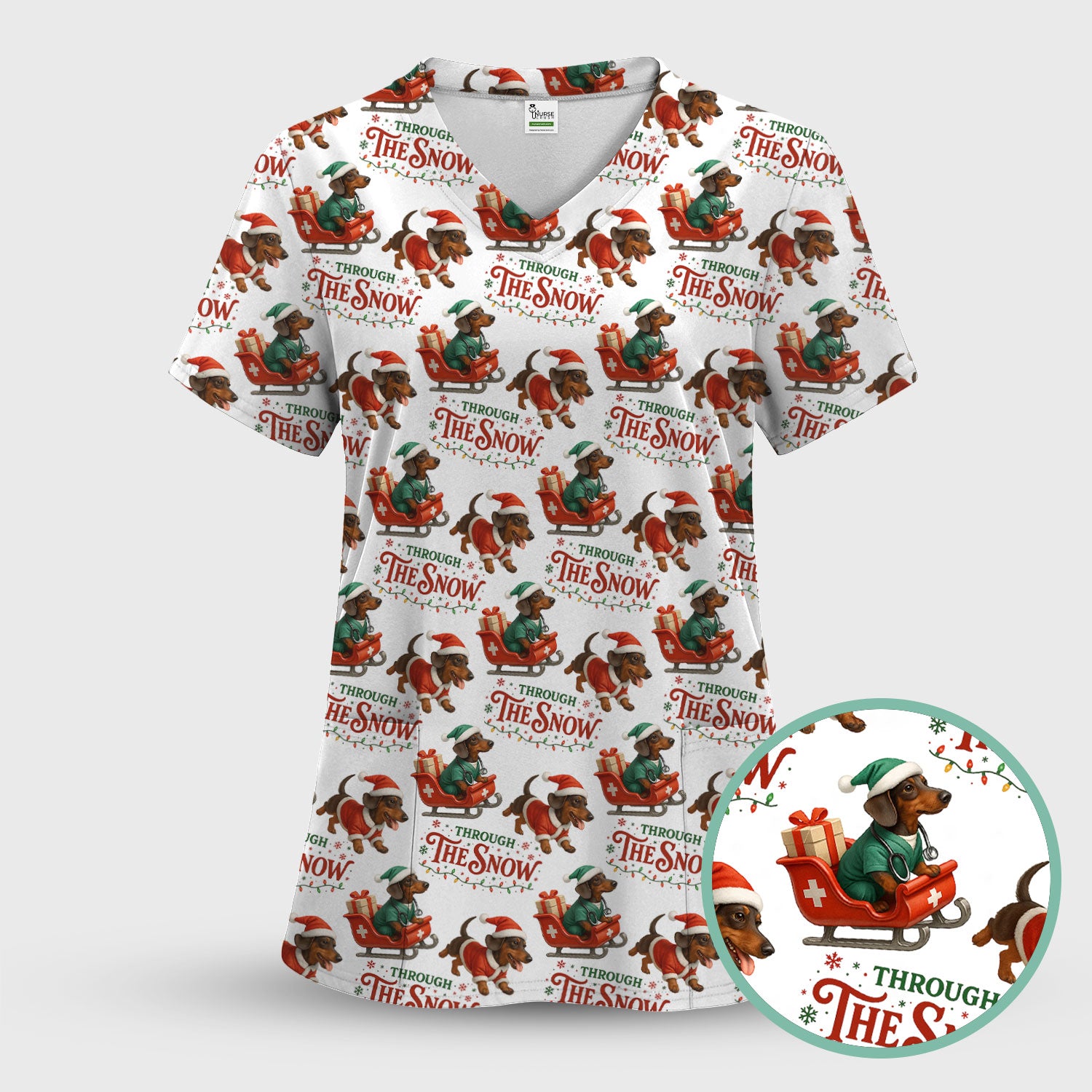 Dachshund Christmas Scrub Top, Cute Dog Nurse Scrub Shirt, Through The Snow Pattern Nursing Uniform