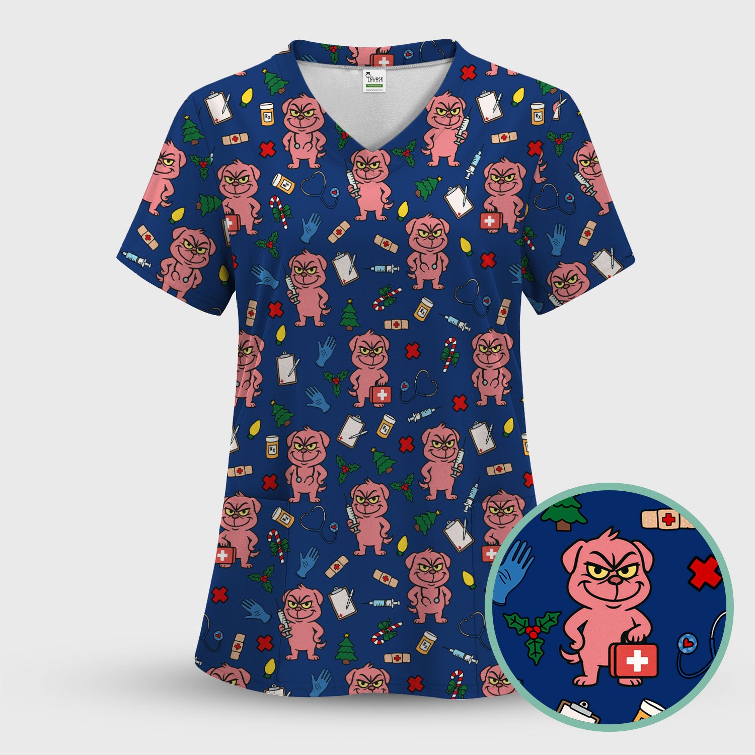 Christmas Scrub Set for Nurses - Funny Pink Dog Pattern - Holiday Nurse Scrubs with Tree, Bandage and Stethoscope Print