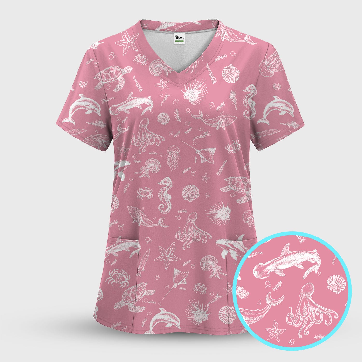 Marine Sea Life Pattern Scrub Top, Breathable Fabrics Nursing Uniform