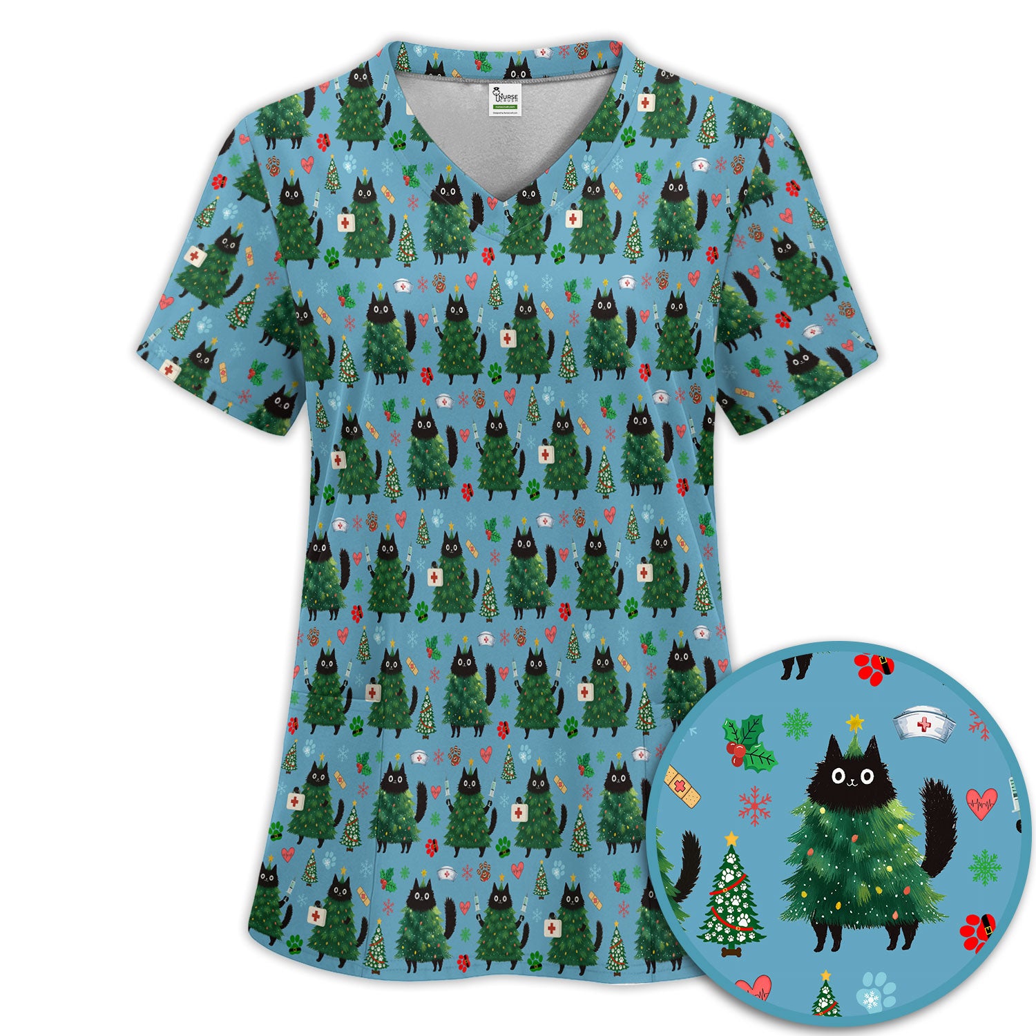 Christmas Nurse Scrub Set, Xmas Black Cat Pattern Nurse Shirt,  Breathable Fabrics Nursing Uniform