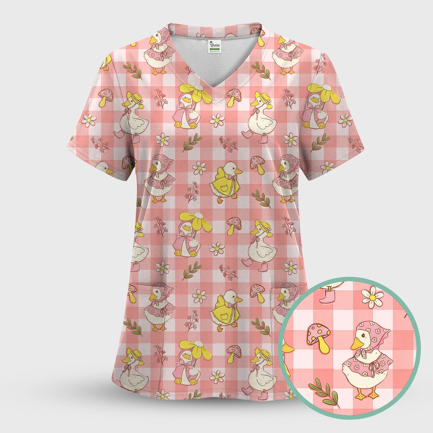 Cute Duck Outfit Gingham Pattern Scrub Top, Comfortable Scrubs for Nurses
