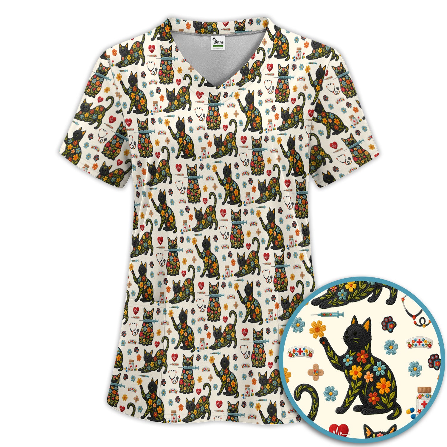 Floral Black Cat Pattern Scrub Set, Cute Cat Nurse Scrub Shirt, Medical Nursing Uniform