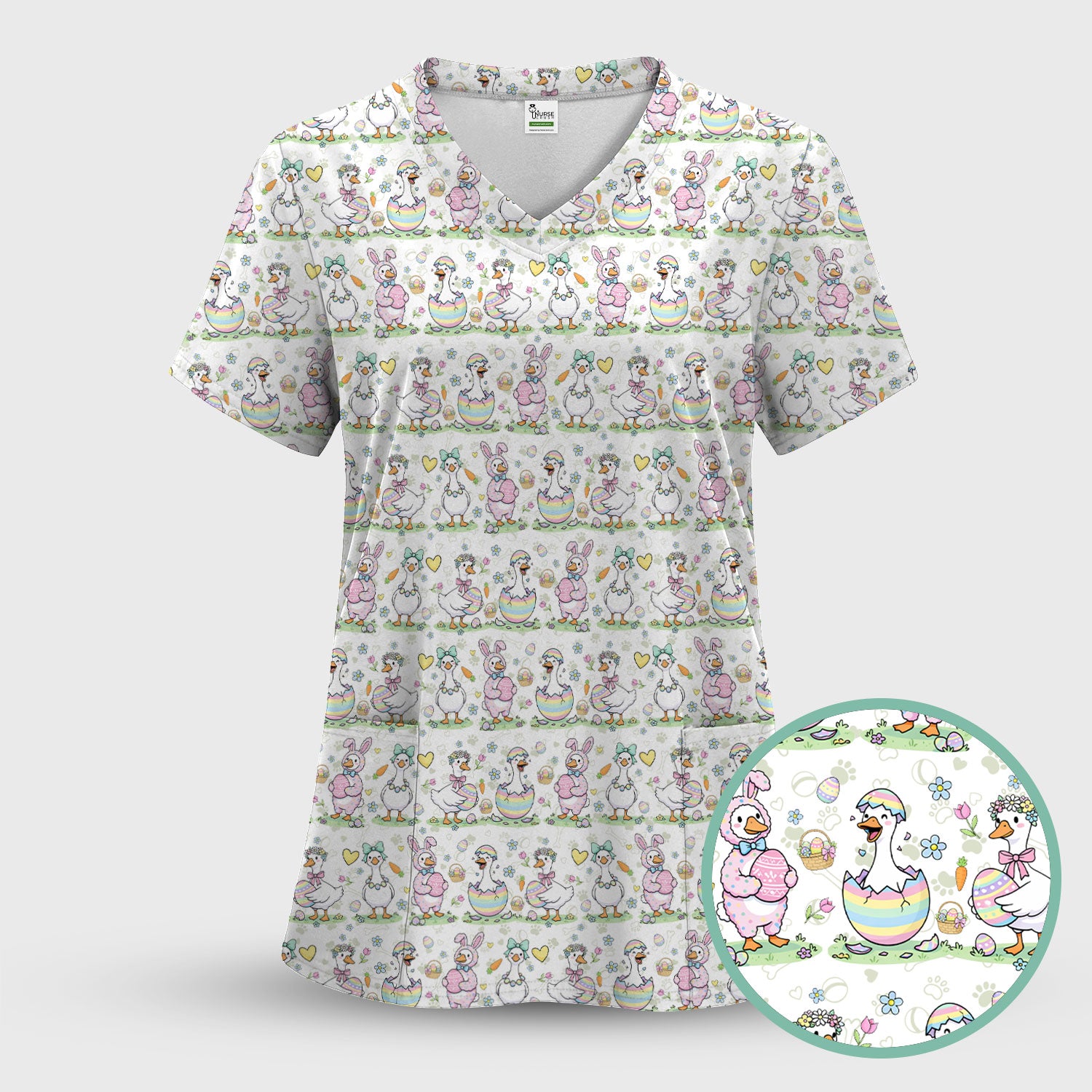 Pastel Easter Goose Bunny Egg Pattern Scrub Top, Comfortable Scrubs for Nurses
