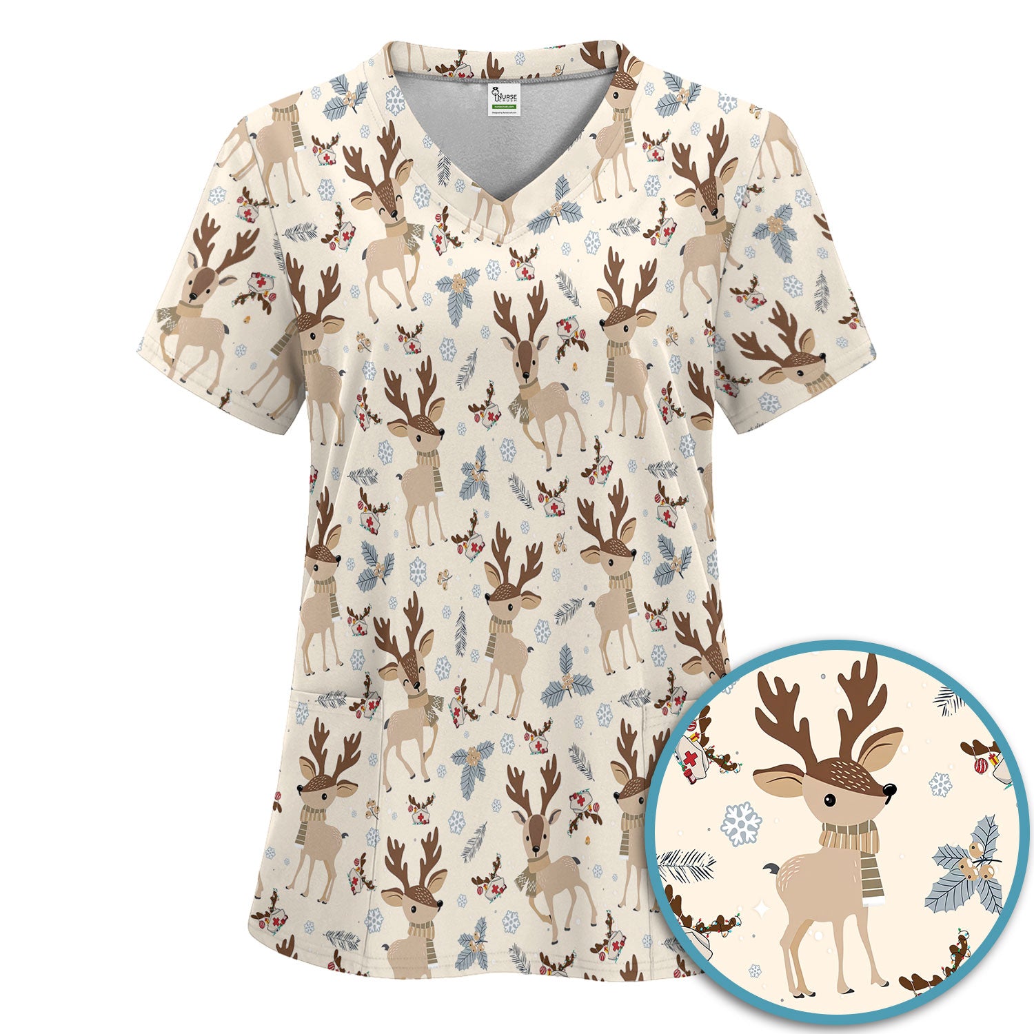 Reindeer Christmas Scrub Set - Cozy Beige Holiday Nurse Shirt with Cute Deer Pattern - Festive Medical Scrubs Pants and V Neck Top
