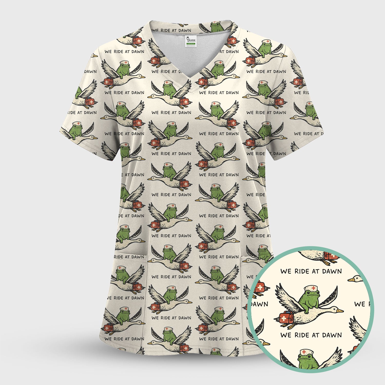 Funny Frog Riding Goose Nurse Pattern Scrub Set, Nurse Uniform Scrubs Set