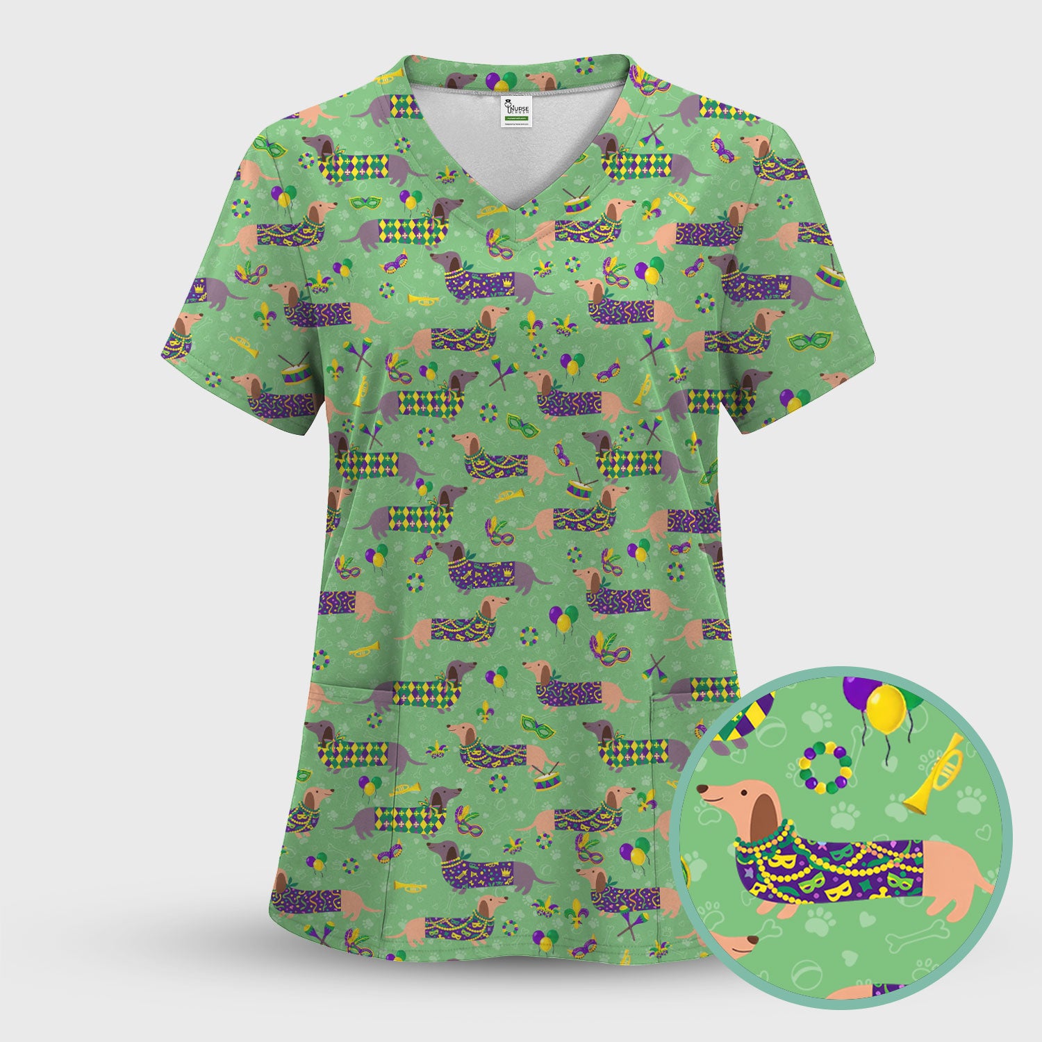 Mardi Gras Dachshund Nurse Scrub Top, Wiener Dog Holiday Pattern Nurses Shirt, Comfortable Uniform Scrubs For Nursing