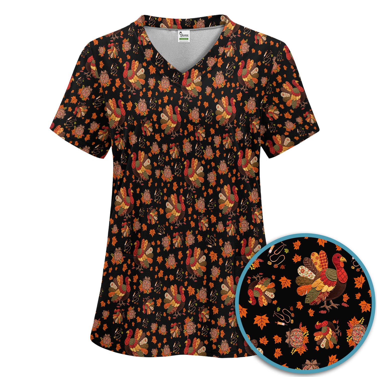 Thanksgiving Turkey Nurse Scrub Sets for Women - Fall Leaves Scrub Pants and V Neck Top - Autumn Nursing Uniform
