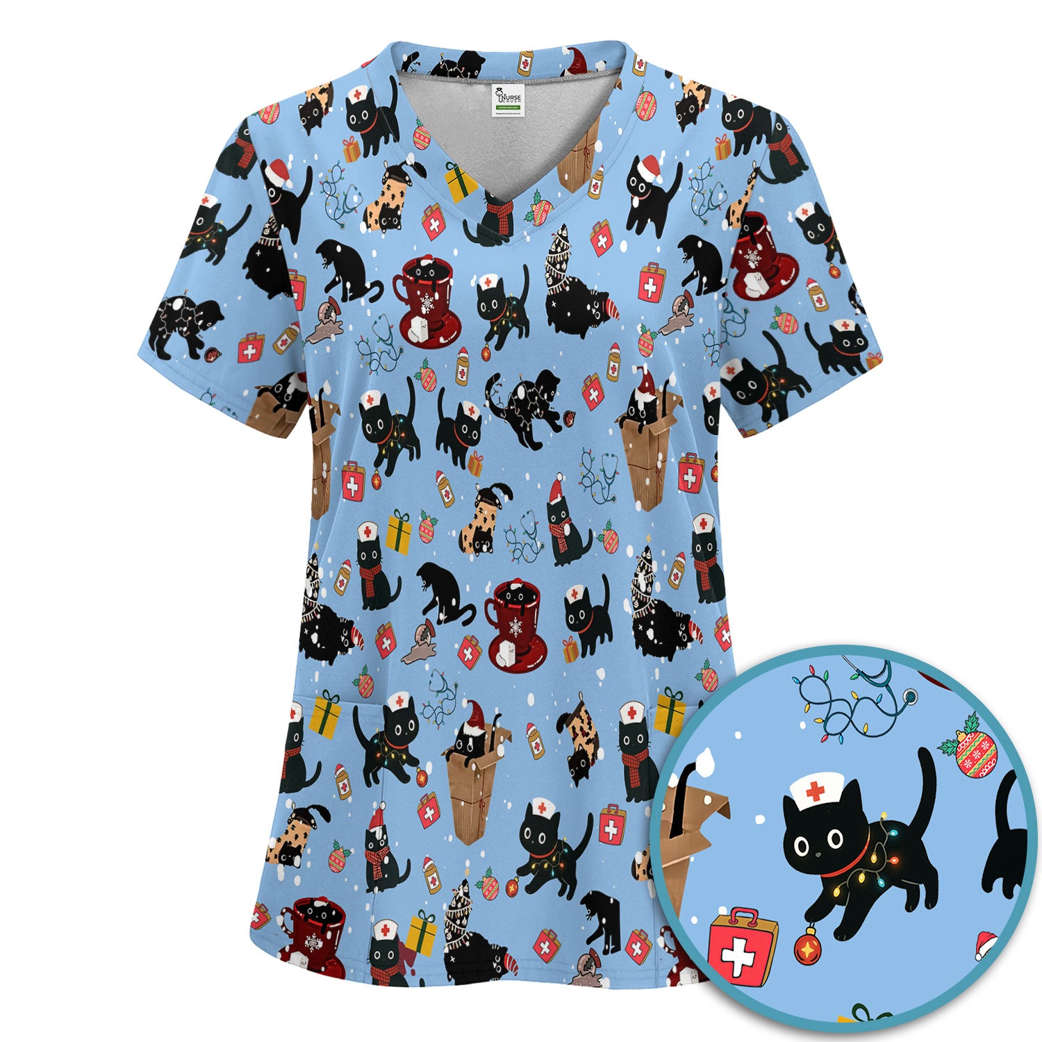 Funny Cat Scrub Sets for Women - Christmas Black Cats Pants and V Neck Top - Breathable Fabrics Nursing Uniform
