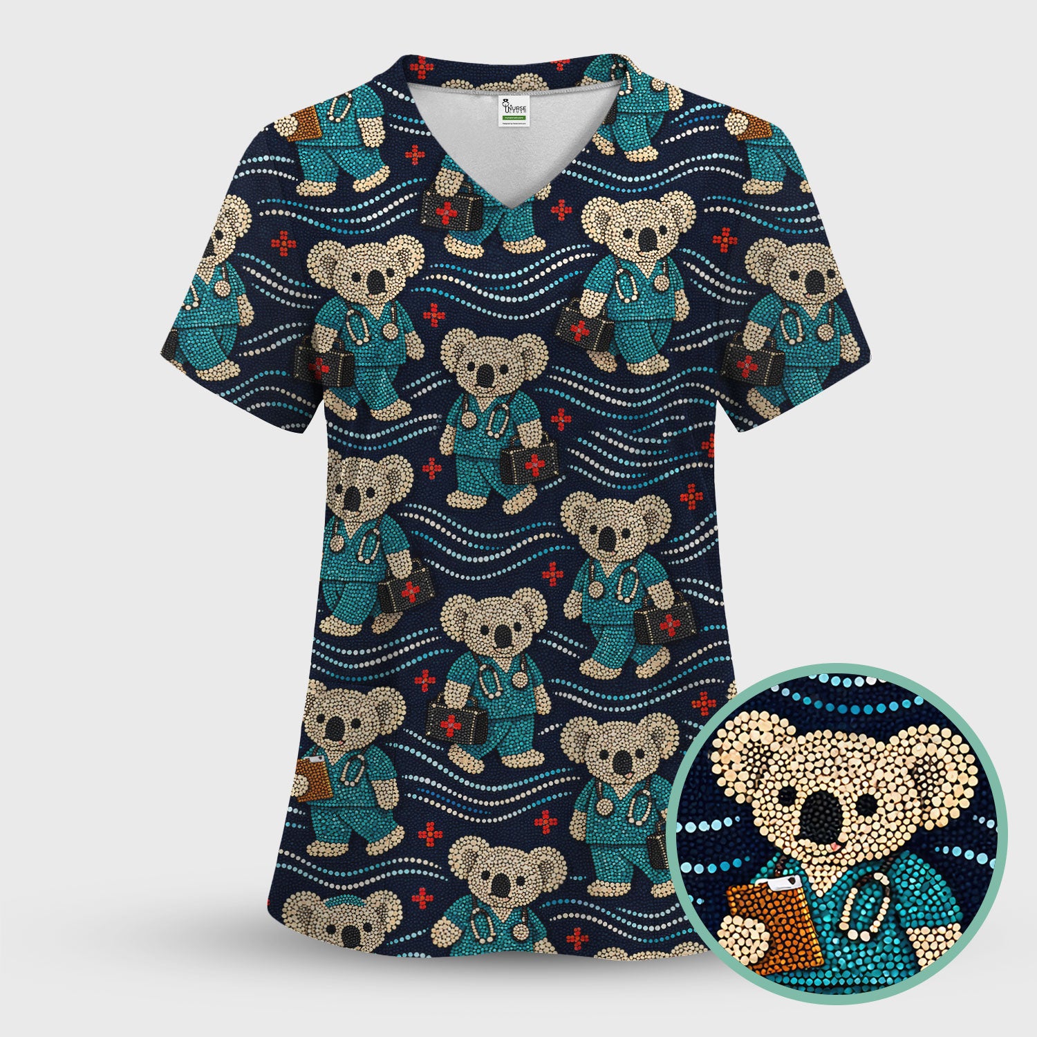 Aboriginal Dot Art Pattern Nurse Scrub Top, Koala Medical Shirt For Women, Breathable Fabrics Nursing Uniform