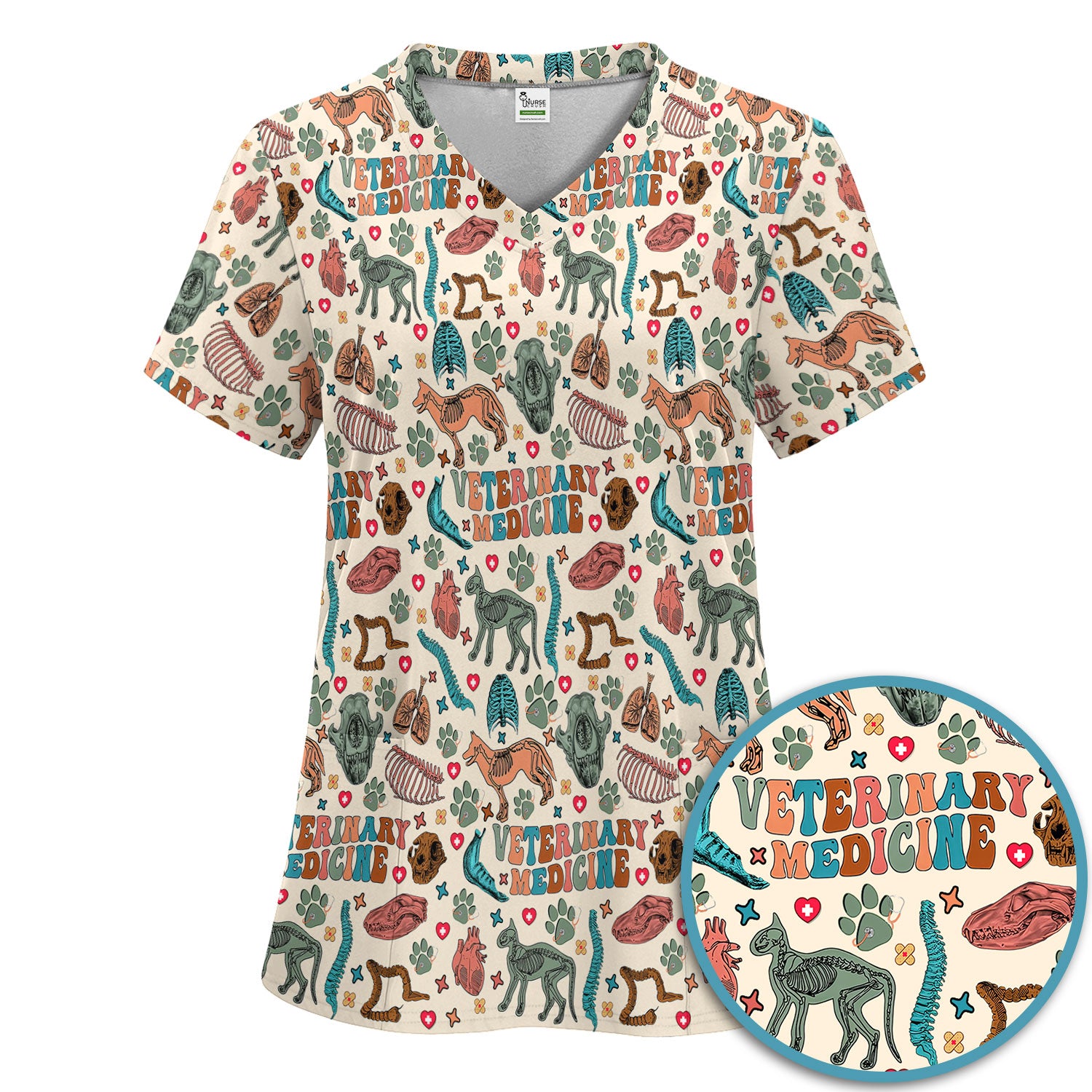 Veterinary Medicine Scrub Set - Cute Animal Anatomy Scrubs Pants and V Neck Top - Fun Vet Tech Nurse Uniform for Women