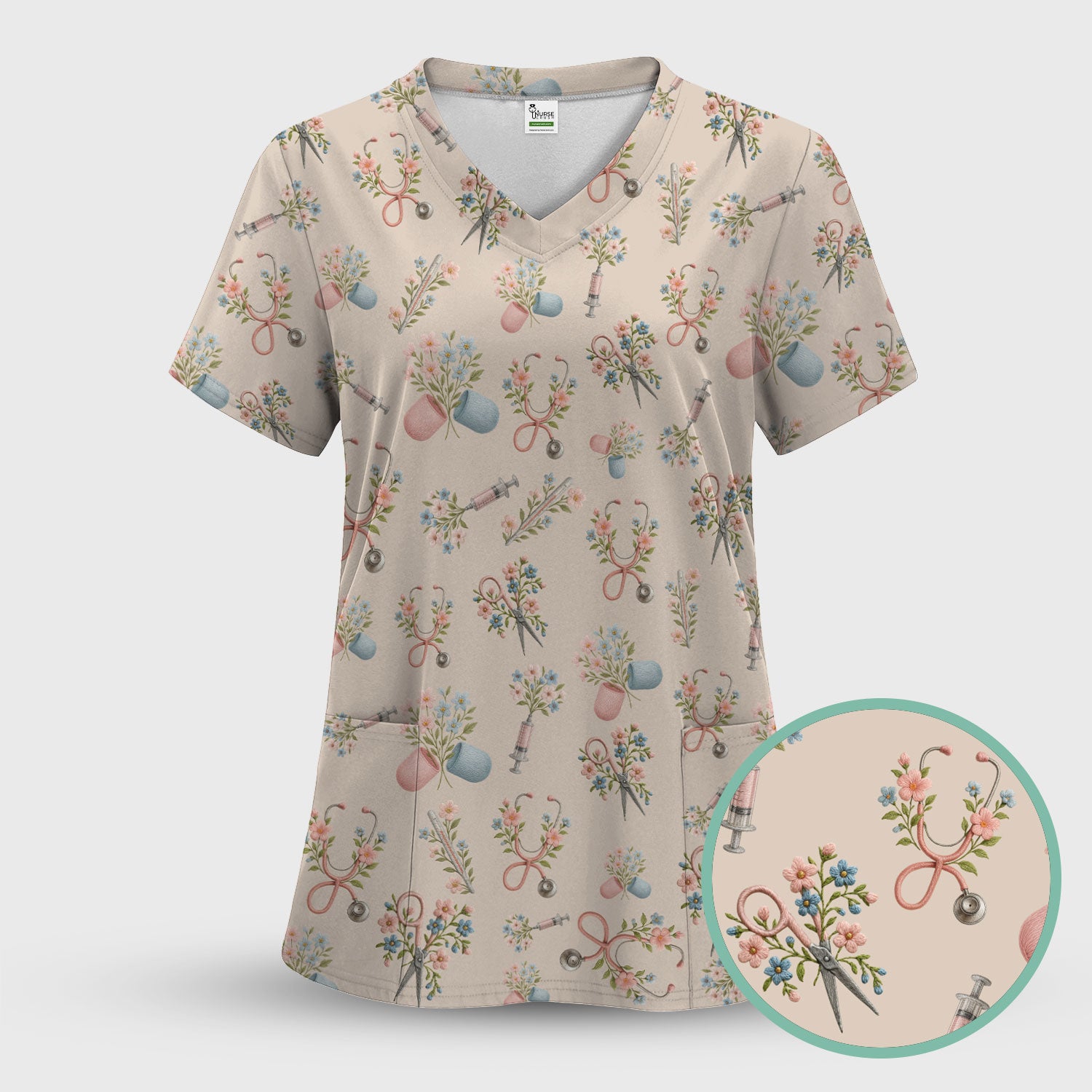 Floral Medical Scrub Set, Elegant Stethoscope With Flower Nursing Shirt, Breathable Fabrics Nurse Uniform