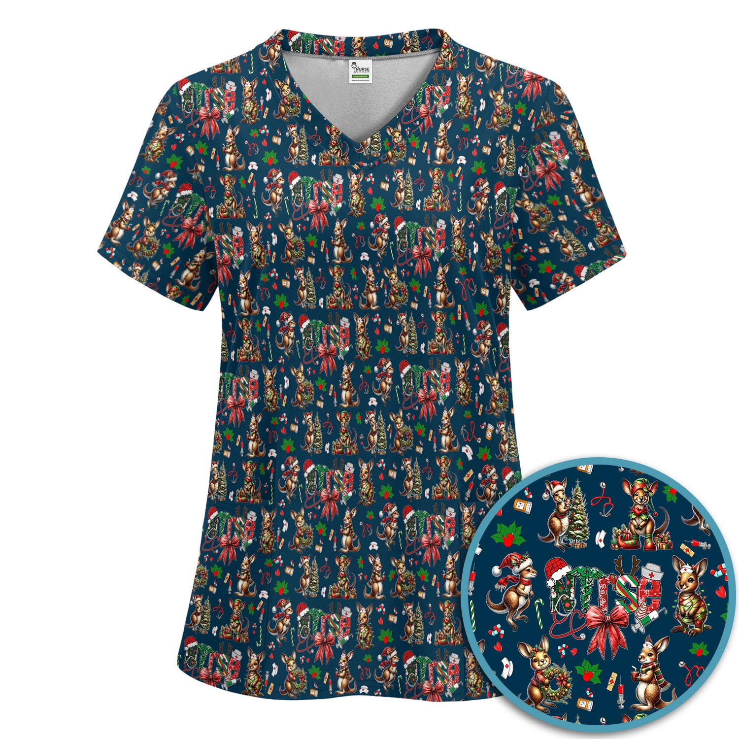 Whimsical Kangaroo Christmas Scrub Set – Festive Australian Animals Holiday Pattern – Cute Medical Uniform for Nurses, Vets & Healthcare Workers