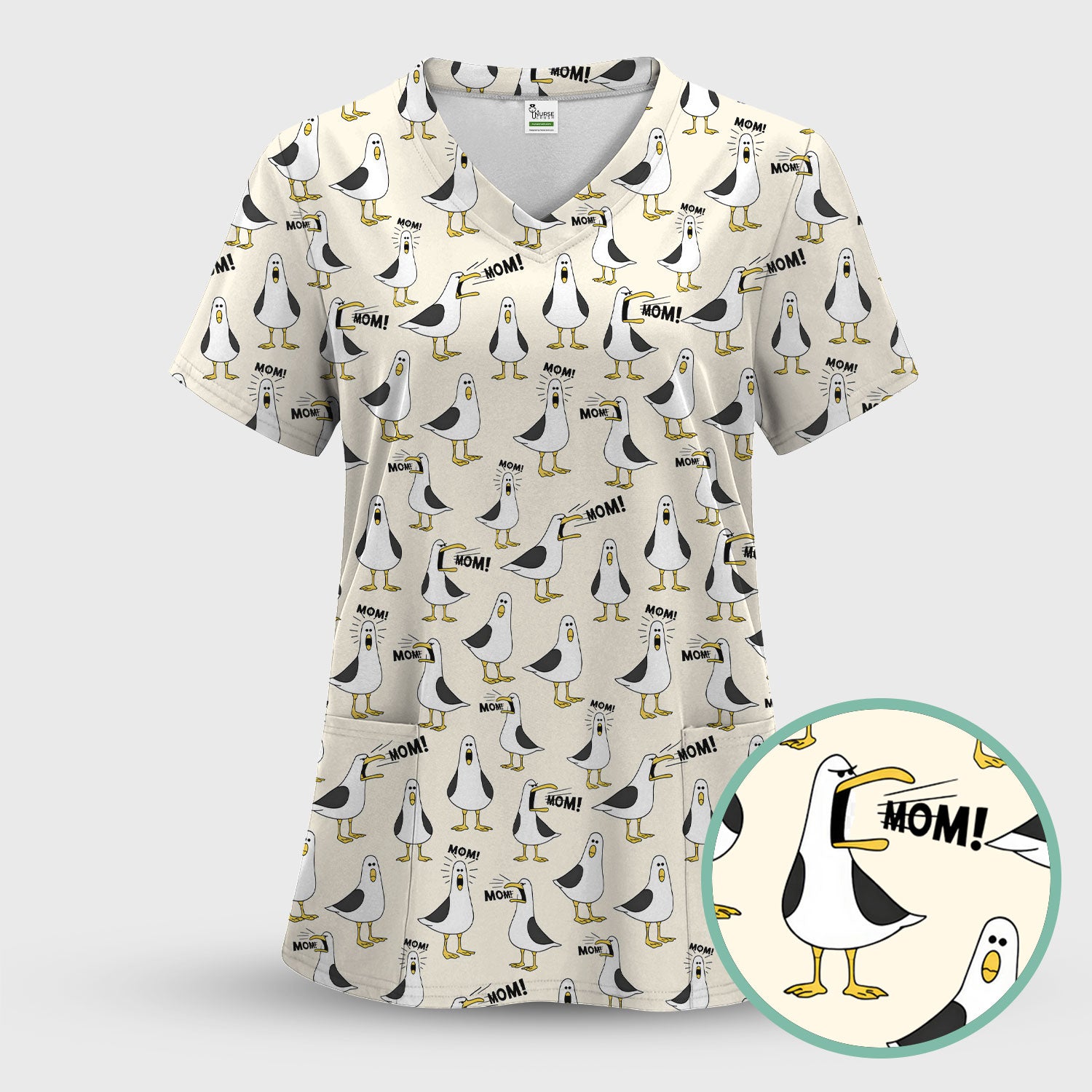 Funny Seagull Mom Seamless Pattern Scrub Set, Scrub Pants and V Neck Top