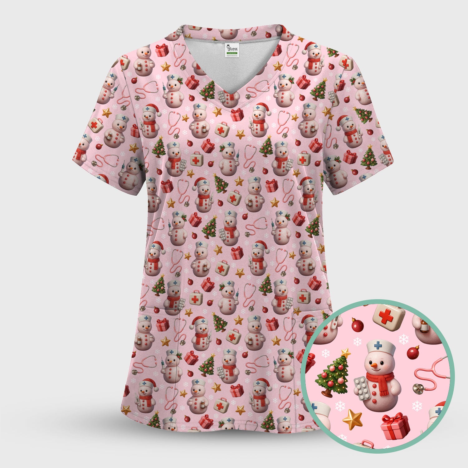 Cute Snowman Christmas Scrub Top - Holiday Pattern Medical Shirt for Women - Funny Xmas Nurse Gift for RN LPN CNA