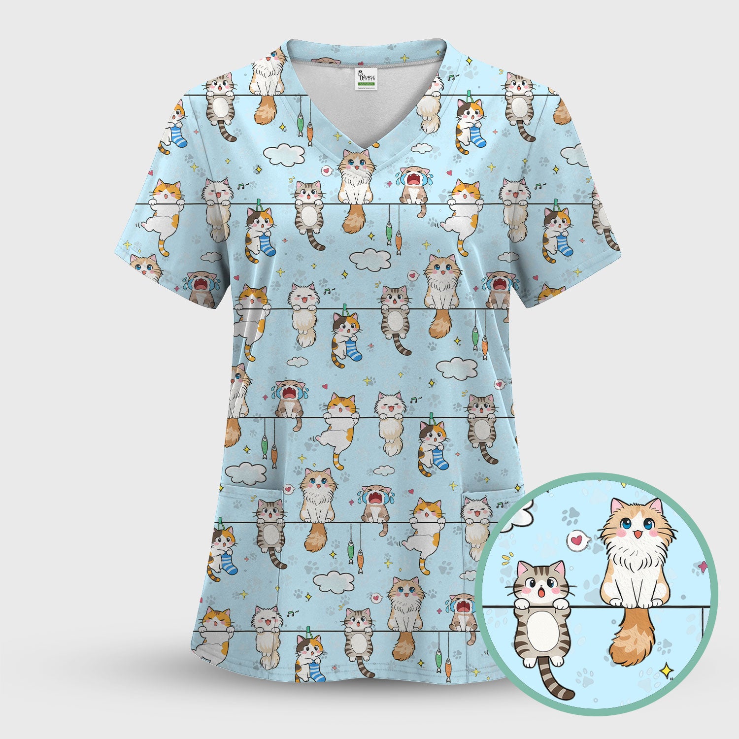 Funny Cats With Cute Expressions Pattern Scrubs Top, Comfortable Scrubs for Nurses