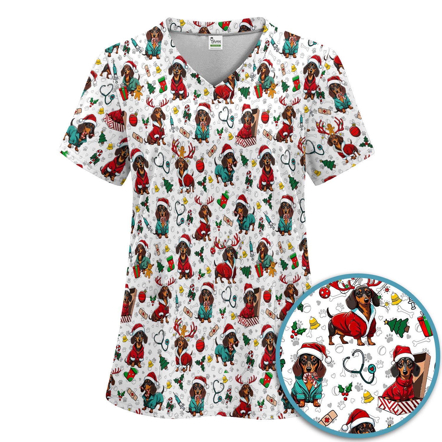 Christmas Dachshund Scrub Set for Nurses - Cute Sausage Dog Holiday - Funny Reindeer & Santa Scrubs Pants and V Neck Top