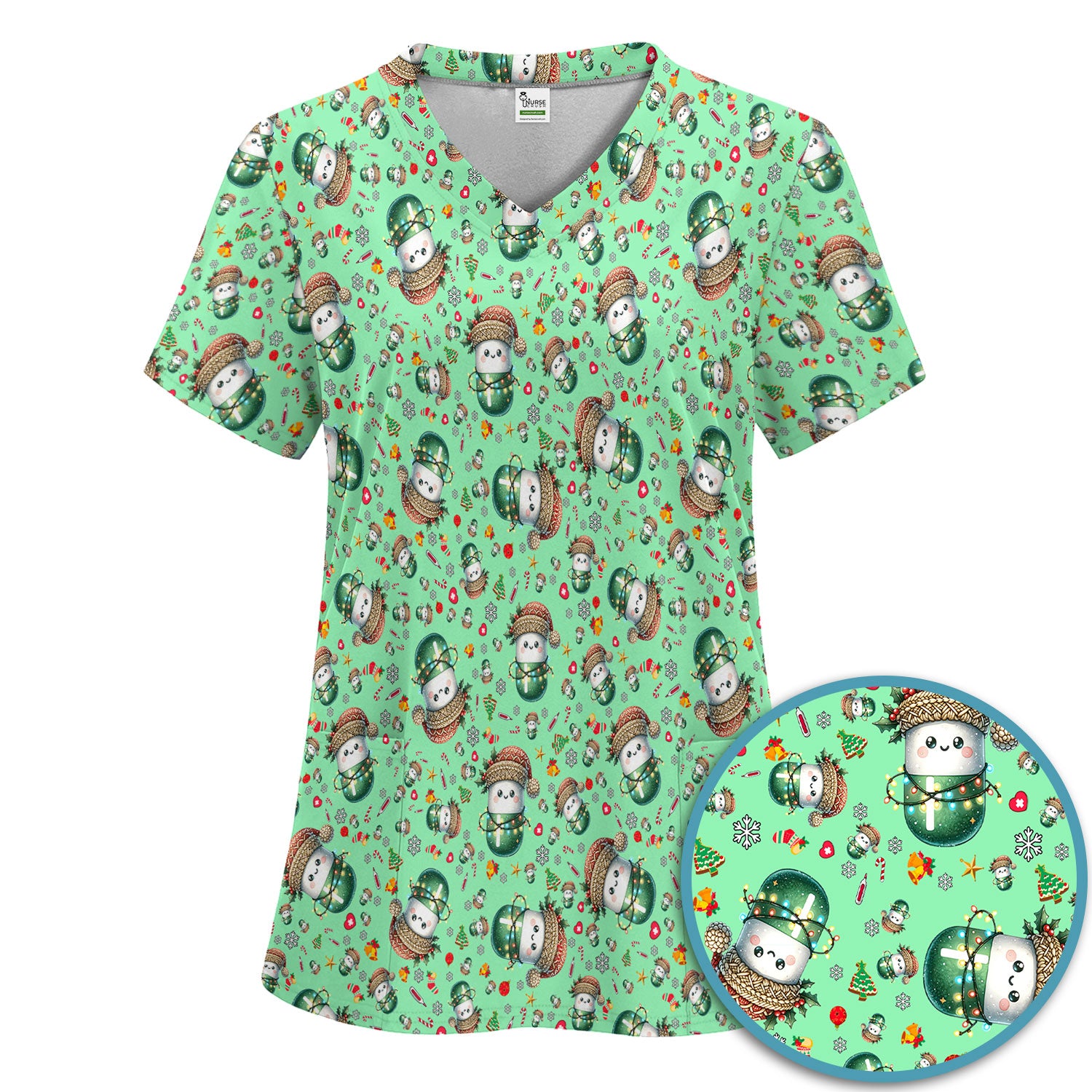 Pharmacy Tech Christmas Scrub Set – Cute Green Snowman Print Nurse Outfit – Funny Holiday Medical Uniform for Pharmacists