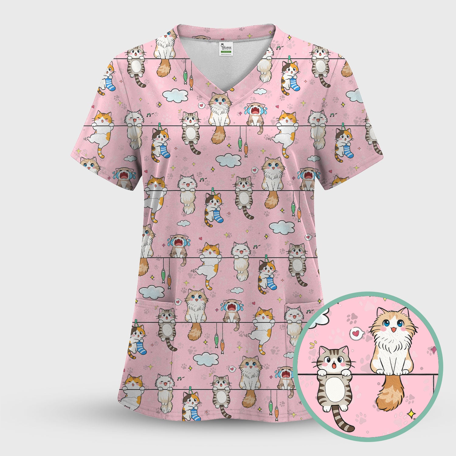 Funny Cats With Cute Expressions Pattern Scrubs Top, Comfortable Scrubs for Nurses