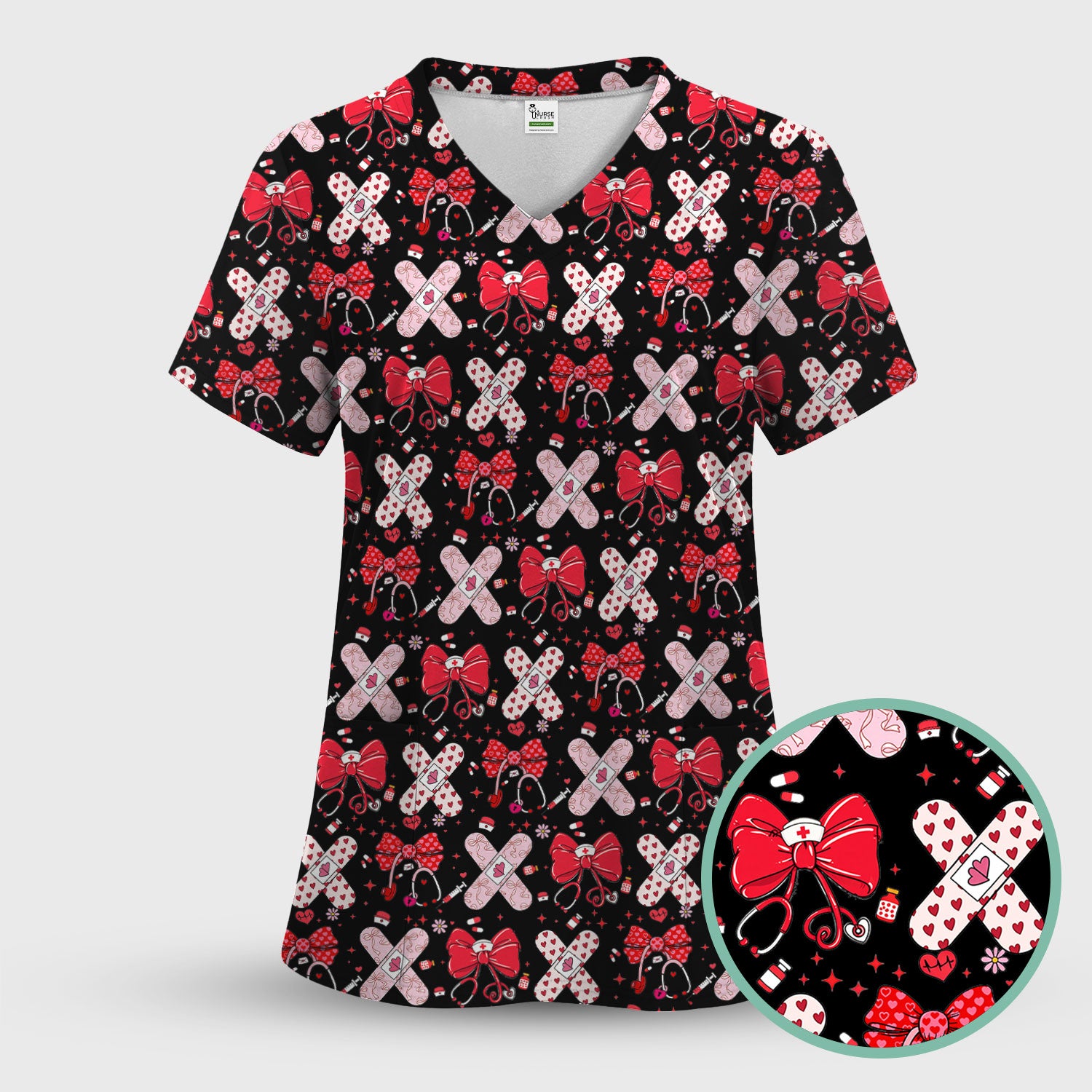 Valentine Nurse Scrub Top, Red Bow And Heart Bandage Pattern Medical Shirt, Breathable Fabrics Nursing Uniform