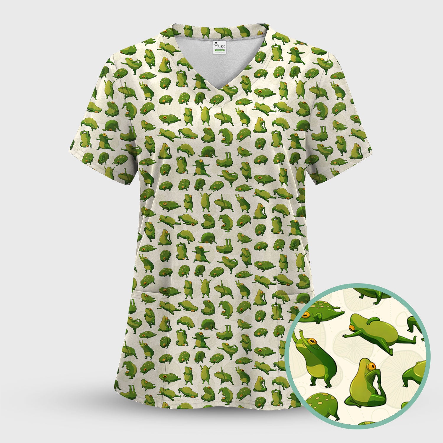 Cute Frog Cartoon Pattern Scrub Top, Comfortable Scrubs for Nurses