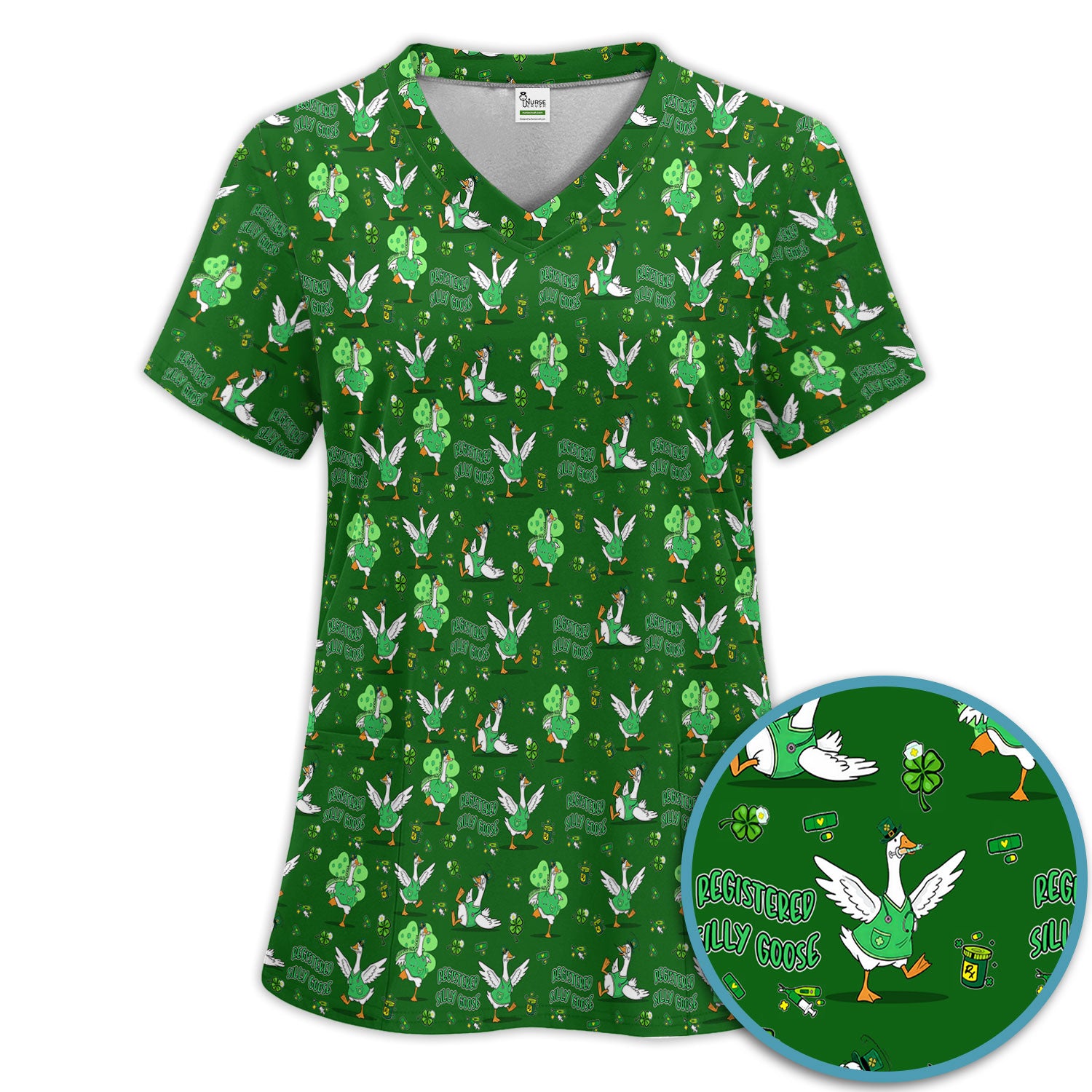 Silly Goose St. Patrick’s Day Scrub Set, Funny Goose Shamrock Pattern Nurse Scrub Shirt, Irish Green Nursing Uniform