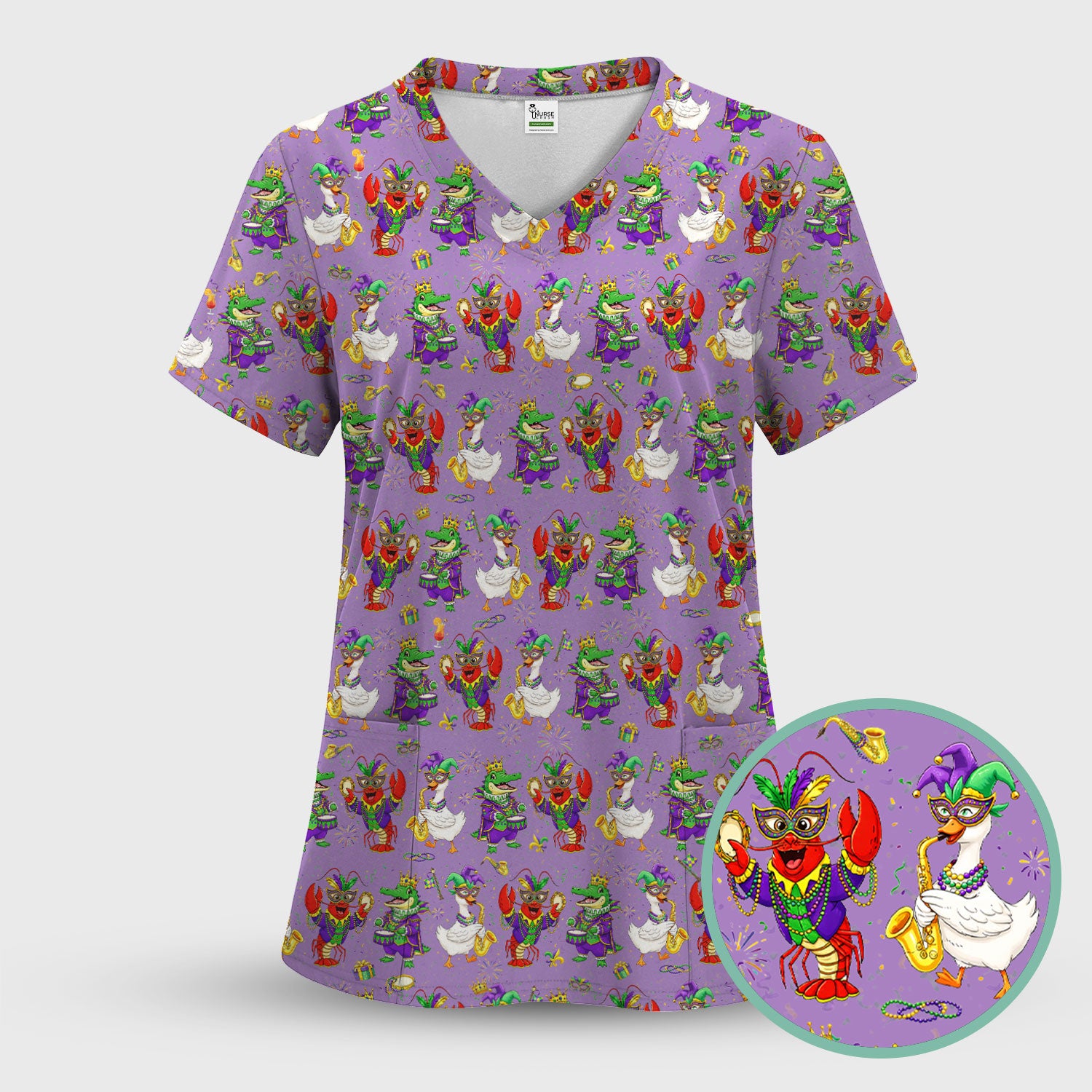 Crawfish And Duck Carnival Scrub Set, Mardi Gras Parade Pattern Nurse Shirt, Breathable Fabrics Nursing Uniform