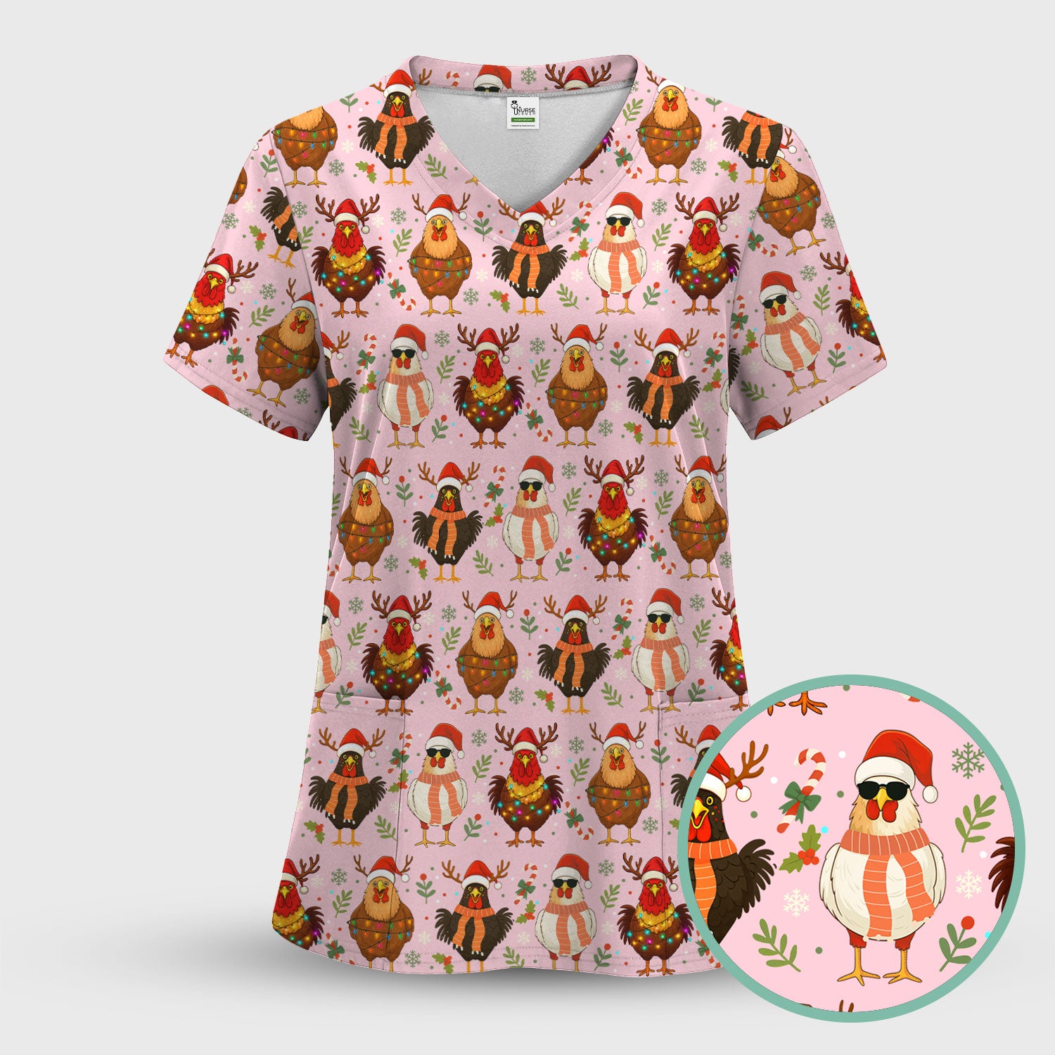 Christmas Chicken Scrub Tops for Women - Funny Holiday Hen Pattern Medical Scrub Shirt - Christmas Scrubs with Cute Chicken Design