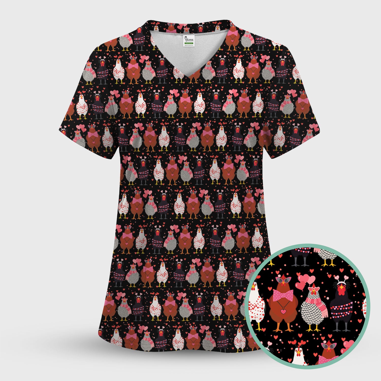 Funny Chicken Valentine Scrub Top, Chicken Pattern Scrub Shirt For Nursing, Valentine Gift For Nurse