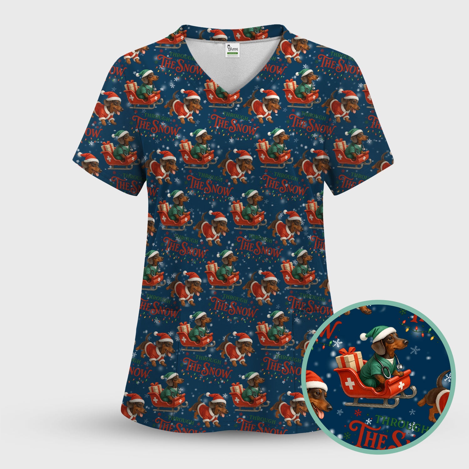 Dachshund Christmas Scrub Top, Cute Dog Nurse Scrub Shirt, Through The Snow Pattern Nursing Uniform