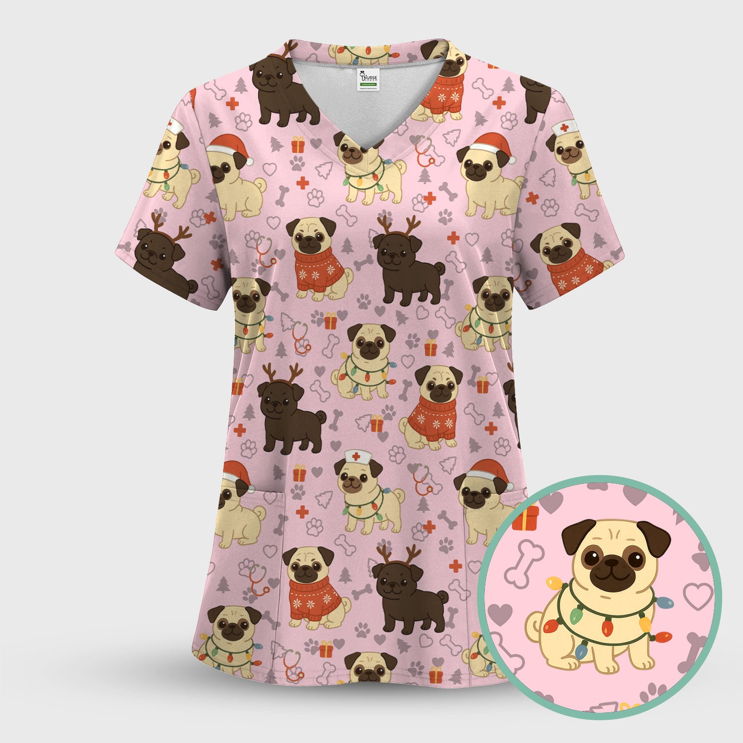 Cute Pug Christmas Nurse Scrub Top for Women - Funny Holiday Dog Pattern Medical Shirt - Festive Gift for RN LPN CNA Vet Nurses