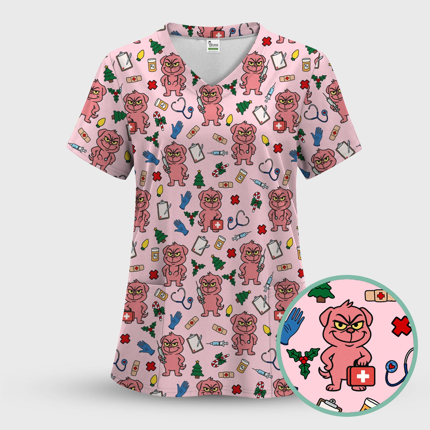 Funny Pink Dog Christmas Scrub Top - Holiday Nurse Scrubs for Women - Cute Medical Pattern with Tree, Lights and Stethoscope Print
