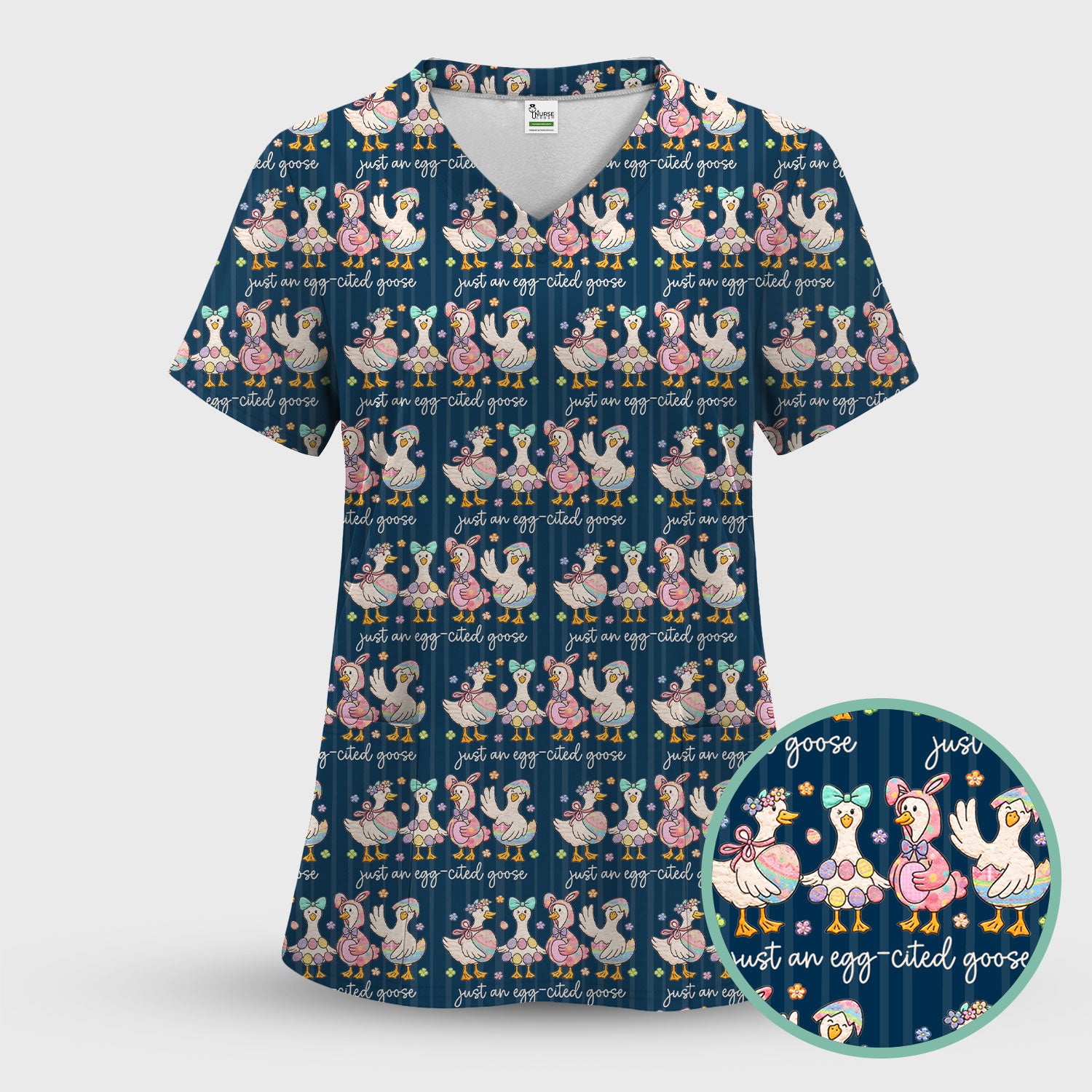 Cute Easter Goose Egg Pattern Scrubs Top, Breathable Fabrics Nursing Uniform
