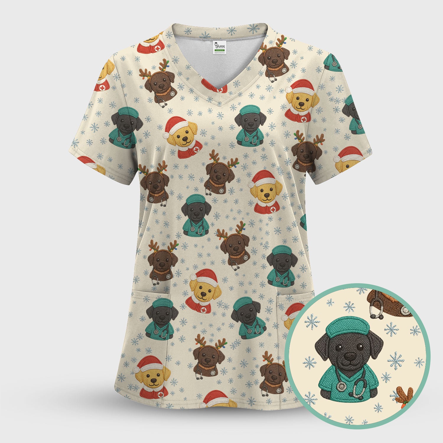 Christmas Dog Pattern Scrub Top, Cute Puppy Nurse Scrub Shirt, Holiday Nursing Uniform