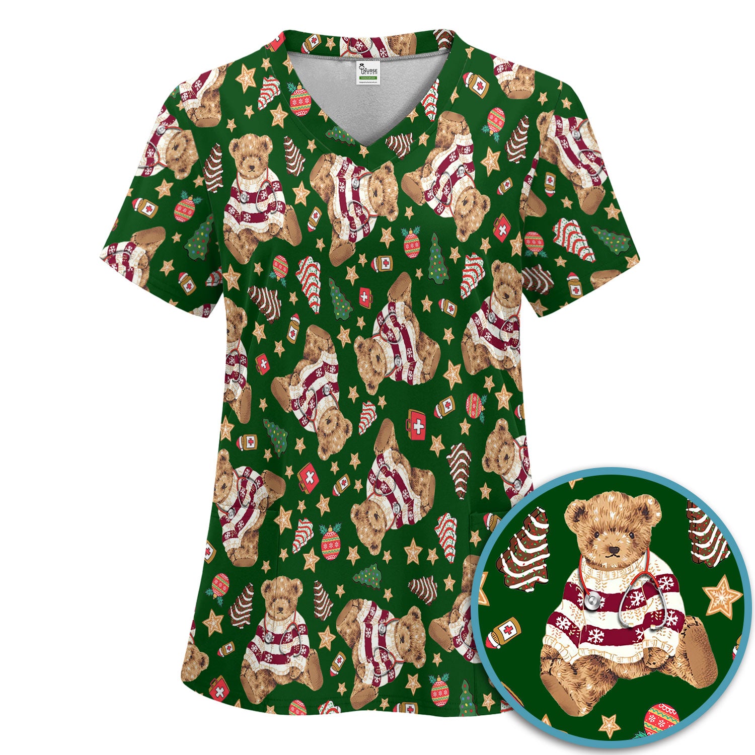 Teddy Bear Christmas Scrub Set - Festive Scrubs Pants and V Neck Top for Women - Gift for Nurses RN CNA LPN