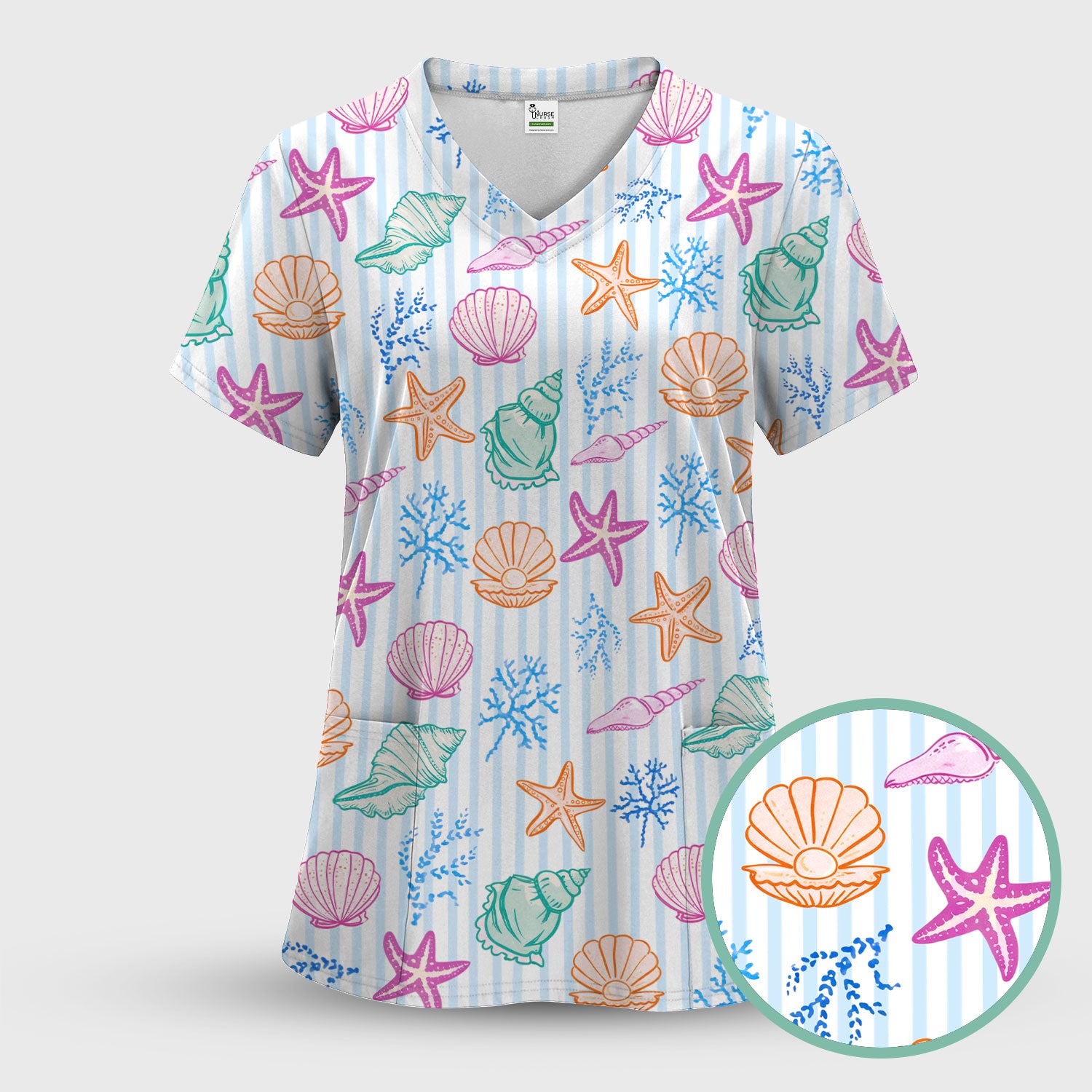 Colorful Seashell Starfish Ocean Stripe Pattern Scrub Top, Breathable Fabrics Nursing Uniform