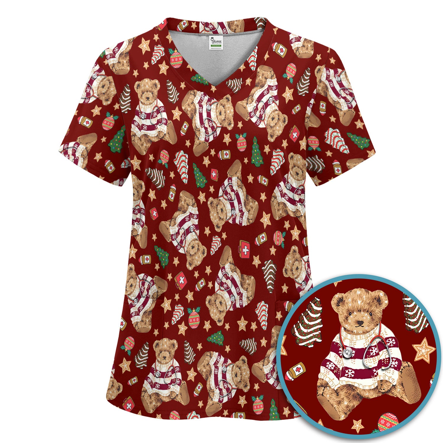 Teddy Bear Christmas Scrub Set - Festive Scrubs Pants and V Neck Top for Women - Gift for Nurses RN CNA LPN