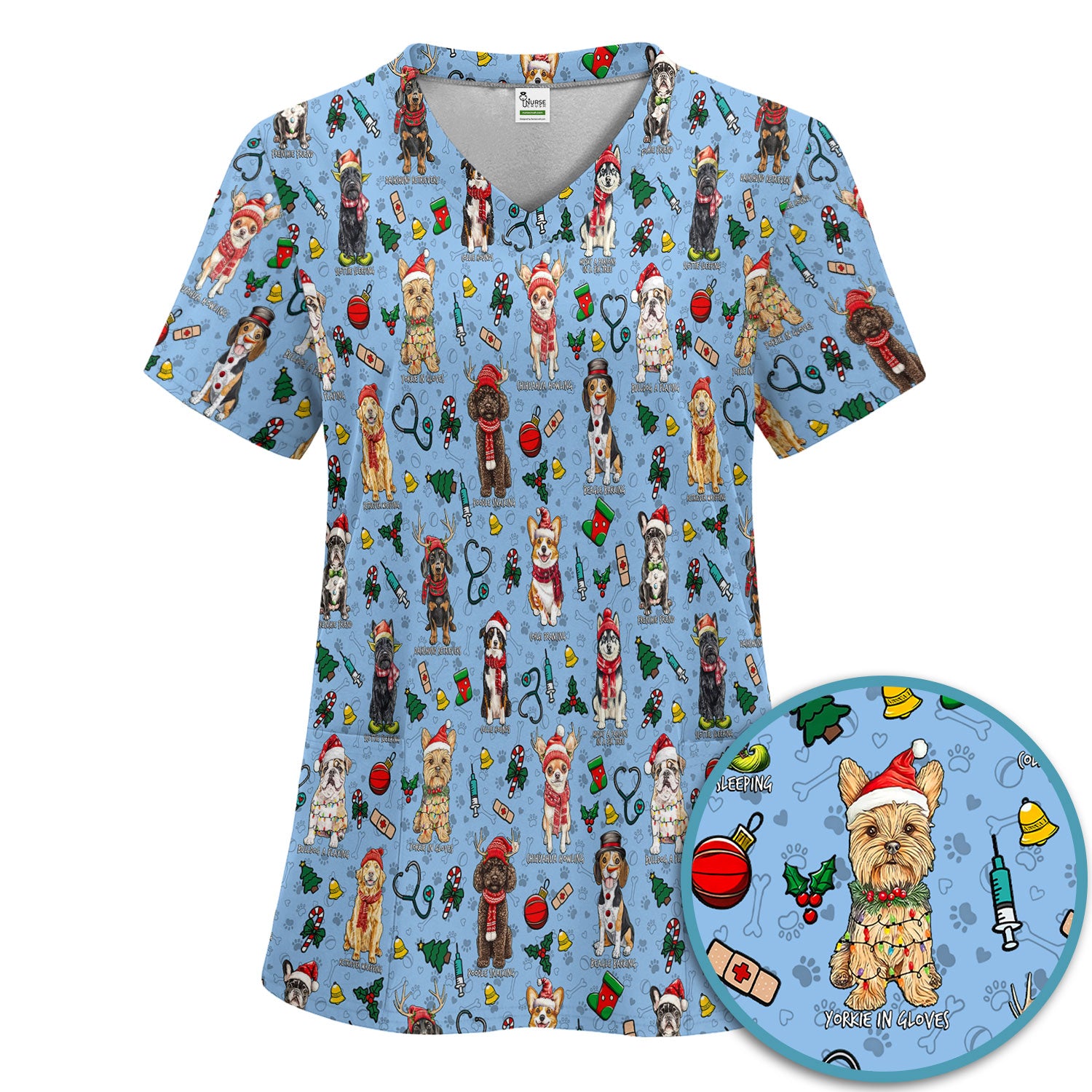 Christmas Dog Scrub Set for Nurses - Dachshund, Husky, Poodle, Corgi & Labrador Holiday Scrub Top and Pants - Funny Santa Medical Shirt