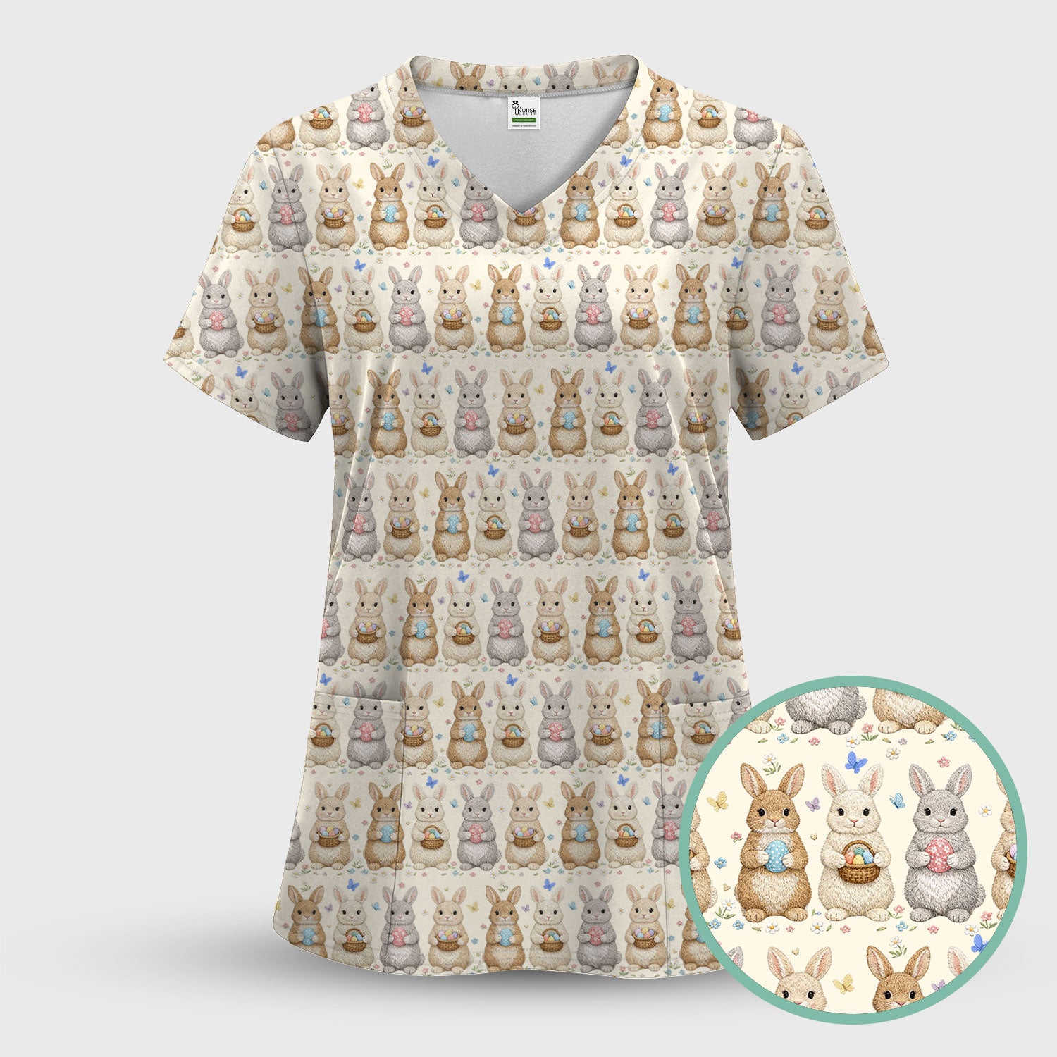 Easter Bunny Basket Pastel Print Scrubs Nurses, Breathable Fabrics Nursing Uniform