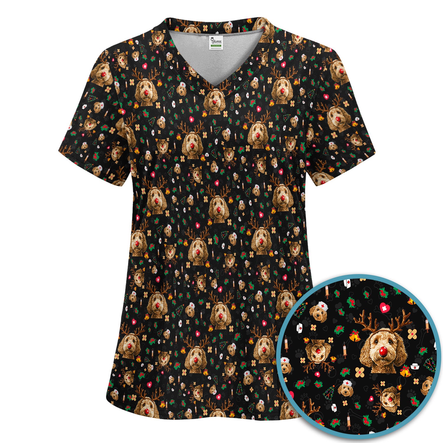 Labradoodle Reindeer Christmas Scrub Set - Funny Dog Nurse Pants and V Neck Top - Cute Holiday Medical Uniform