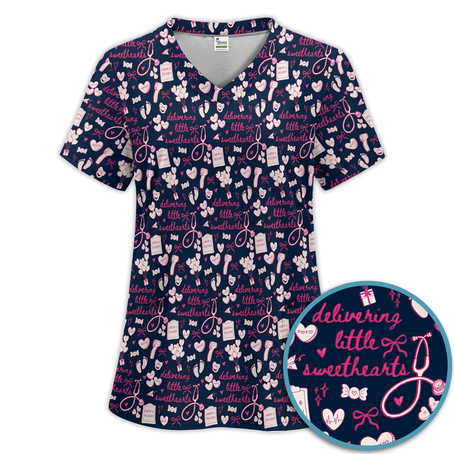 Valentine Labor And Delivery Scrub Set, XOXO Pattern Scrub Shirt, Breathable Fabrics Nursing Uniform For Women