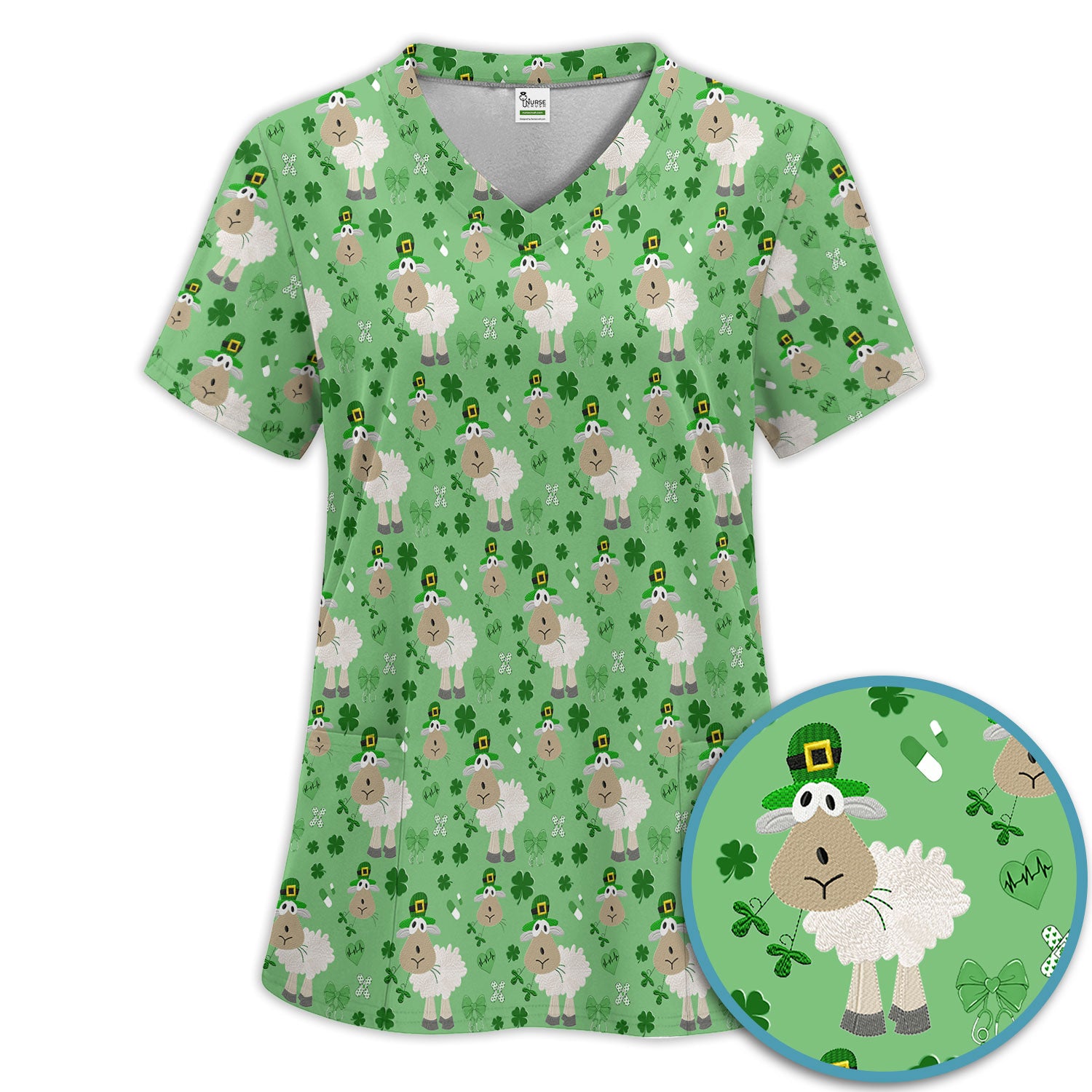Nurse St. Patrick Scrubs Set, Cute Sheep Shamrock Pattern Nurse Shirt, Breathable Fabrics Nursing Uniform
