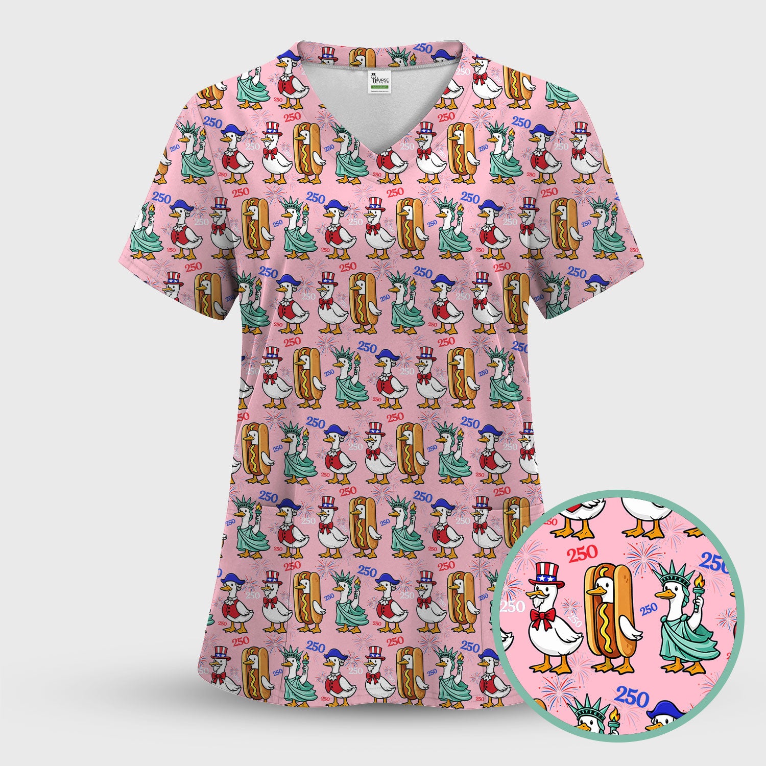 Patriotic Duck Independence Day Pattern Scrub Set, Scrub Pants and V Neck Top